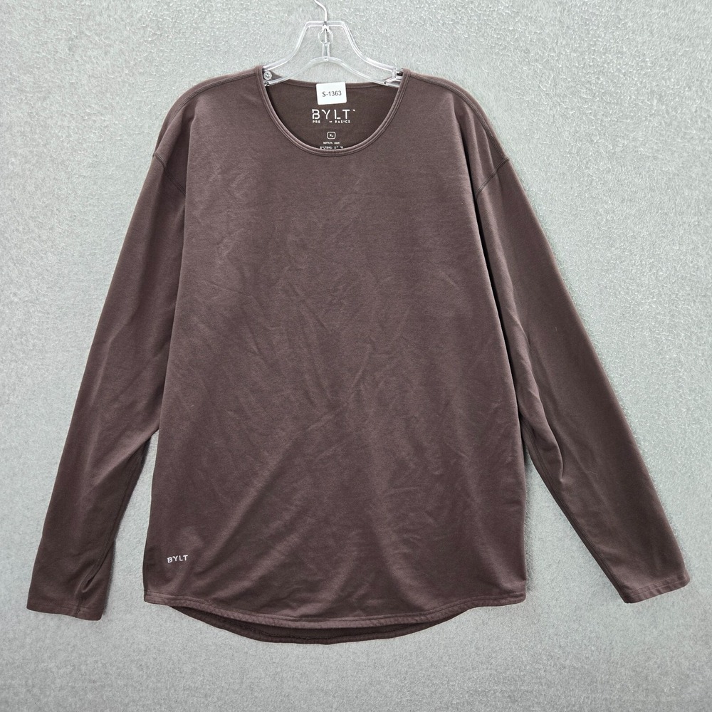 BYLT Men Shirt XL Brown Lux Logo Crew Neck Long Sleeve Pullover Tee READ